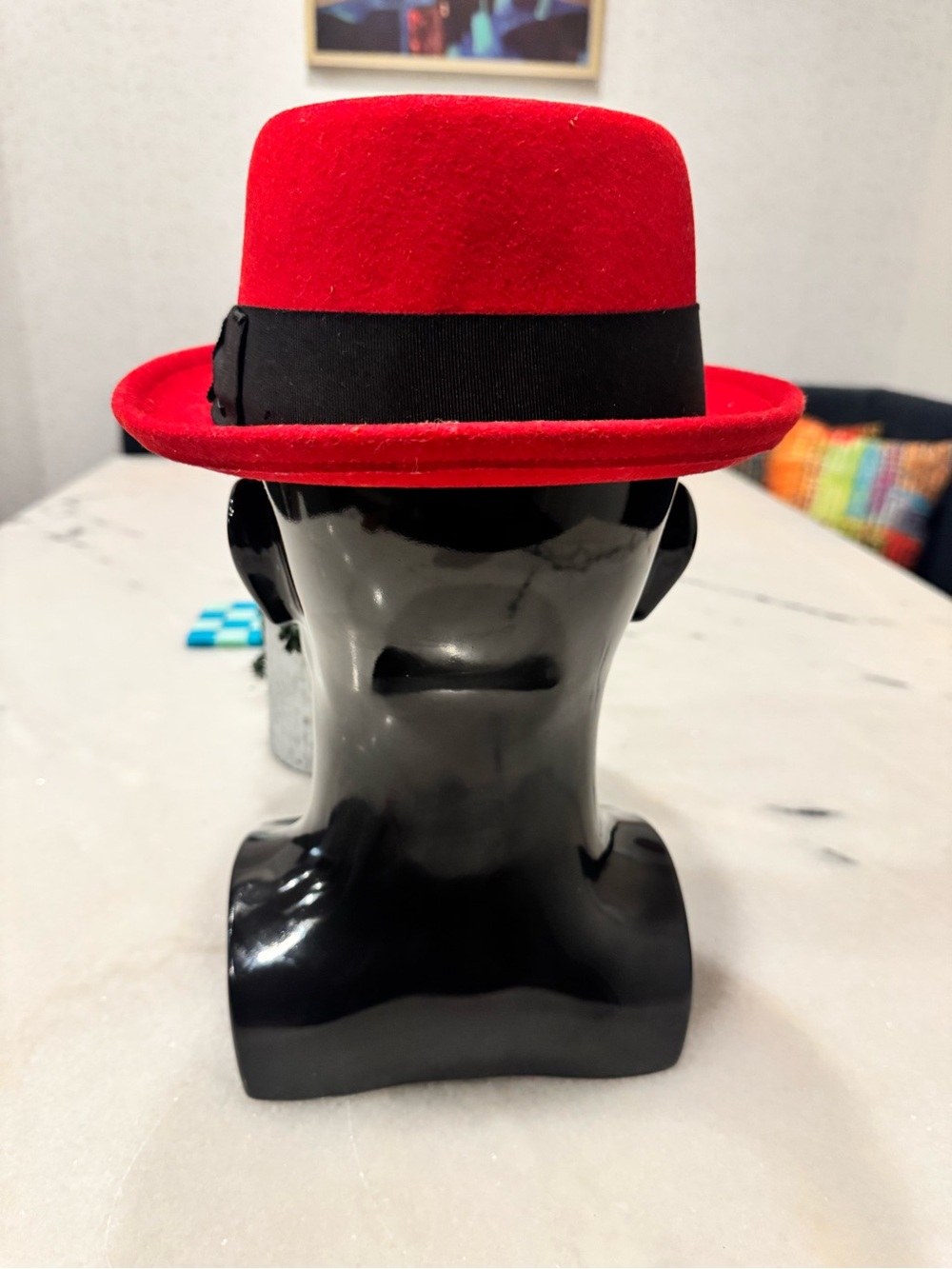 Red Wool Felt Pork Pie Hat with Black Band - Picture 2 of 9